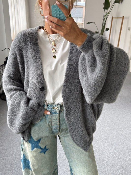 SMOKED SOFT TEXTURED V-NECK CARDIGAN