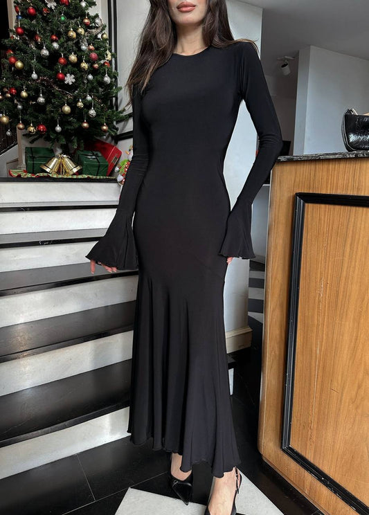 WOMEN'S BLACK ROLLED SPANISH SLEEVE MAXI DRESS