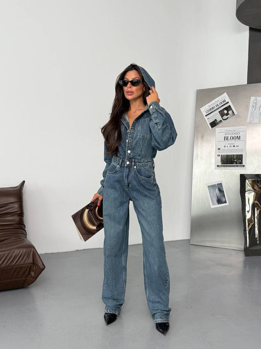 Paraf style Baby Blue Long Sleeve Denim Jumpsuit