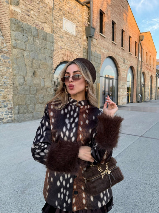 Deer Print Faux Fur Cuff Jacket