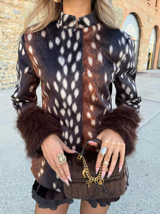 Deer Print Faux Fur Cuff Jacket