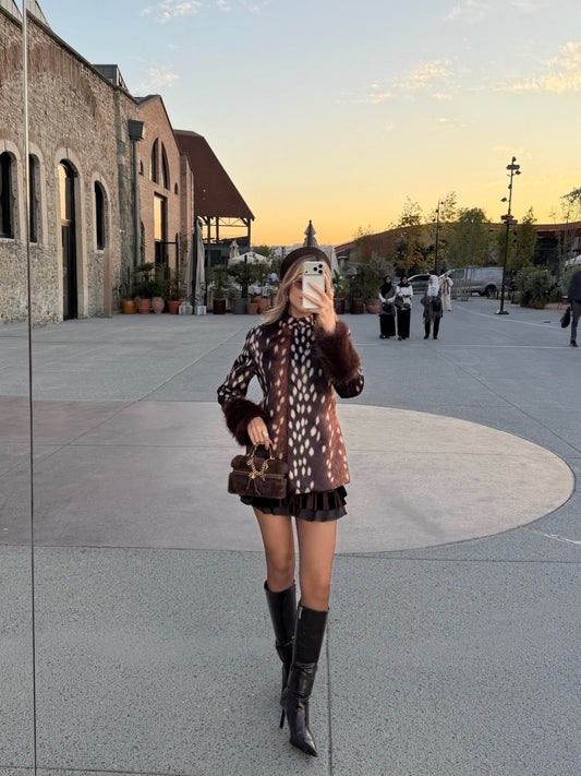 Deer Print Faux Fur Cuff Jacket