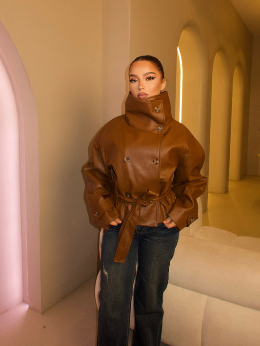 Ruta High-Neck Belted Leather Jacket