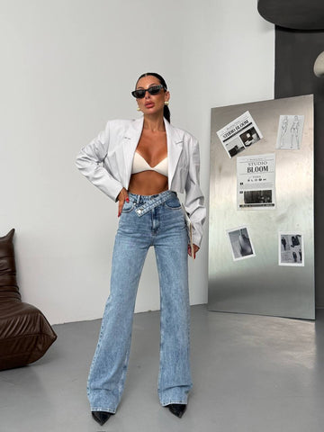 SPECIAL DESIGN CROSS CLOSURE WAIST WIDE LEG PALAZZO COMFORT LYCRA DENIM JEANS