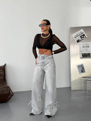 Wide-Leg Denim with Bottom Bow Detail Jeans