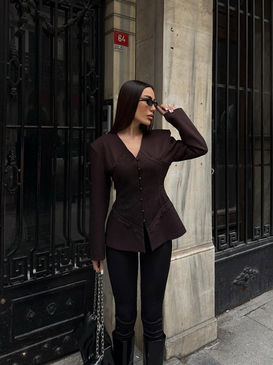 Lace Detail and V-Neck Design Blazer