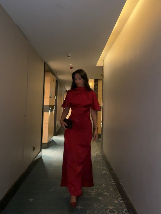 DRAPED LONG SATIN DRESS