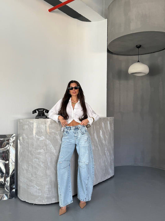 HerTon Baby Blue Wide Leg Ripped Denim Pants