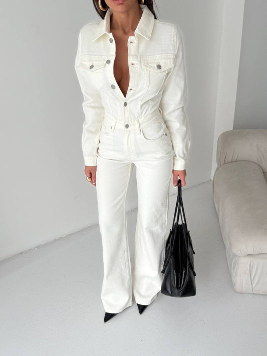 White Womens Denim Jumpsuit
