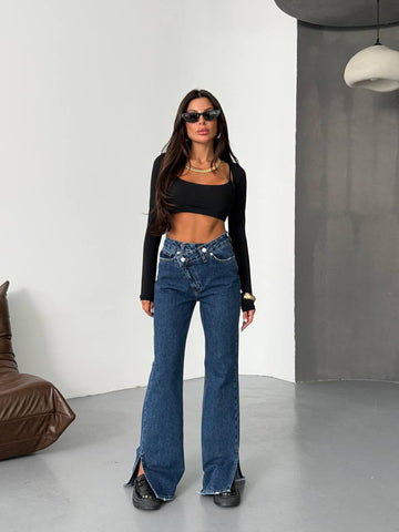 Dark Blue Jeans with Cross Buttons