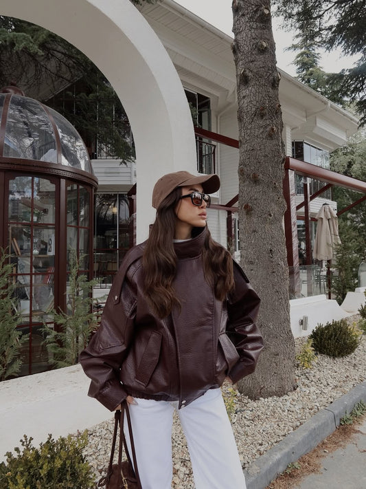 Claret Red Stand Collar Faux Leather Jacket