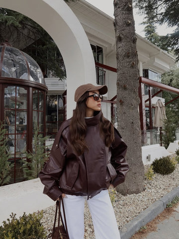 Claret Red Stand Collar Faux Leather Jacket