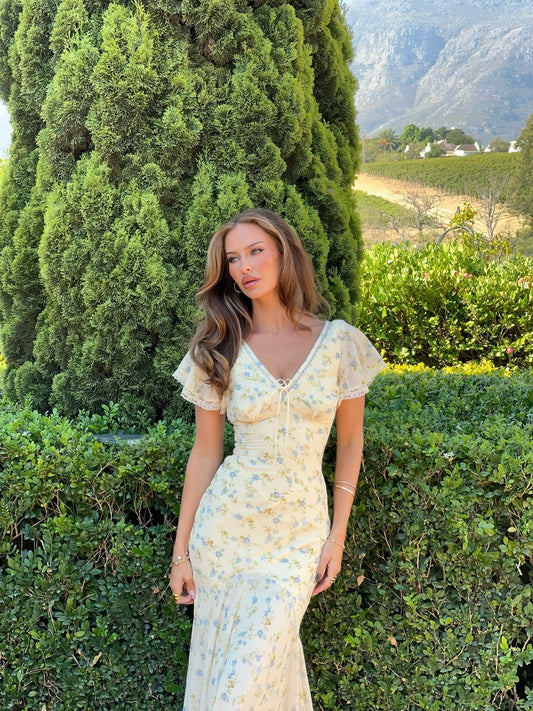 Casual Dresses Yellow Floral V Neck Mermaid Maxi Dress