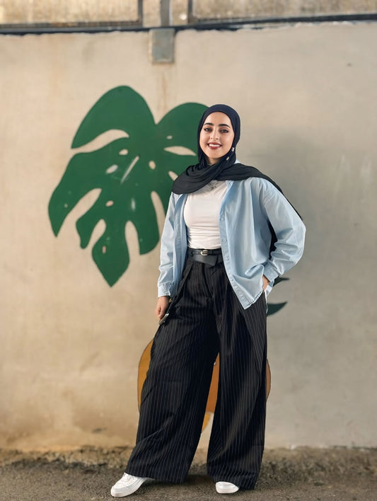BLACK STRIPED FOLDED TAILORED TROUSERS
