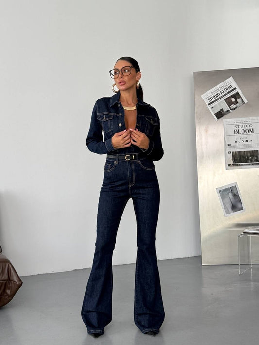 Paraf style blue Long Sleeve Denim Jumpsuit