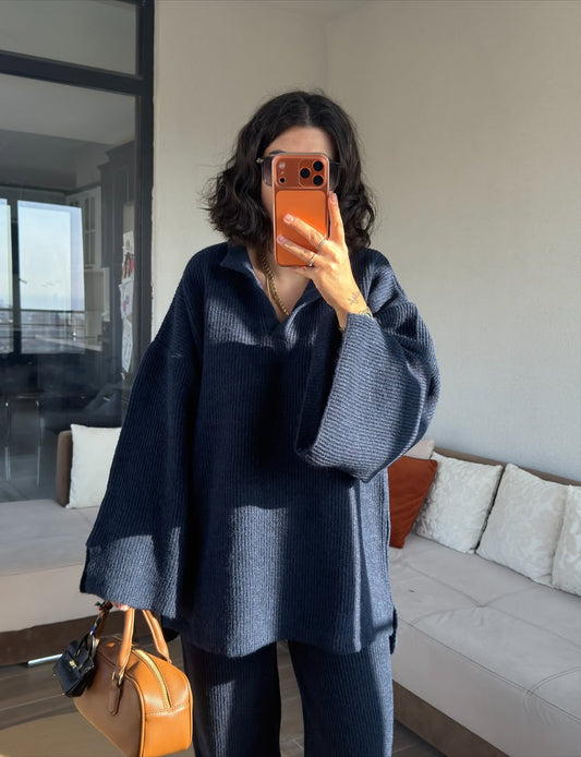 Premium V-Neck Ribbed Navy Blue Suit