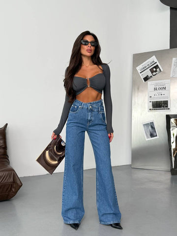 SPECIAL DESIGN CROSS CLOSURE WAIST WIDE LEG COMFORT JEANS