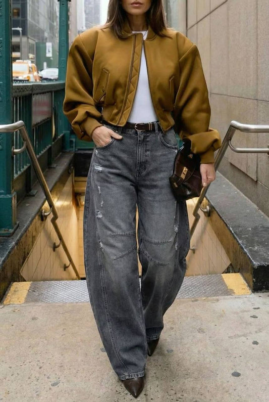 HerTon Grey Wide Leg Ripped Denim Pants