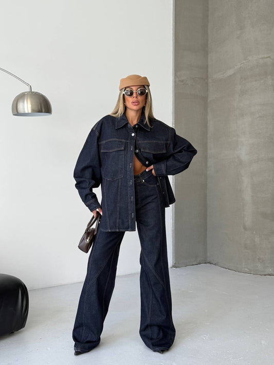 Pocket Detailed Navy Blue Denim Premium Set