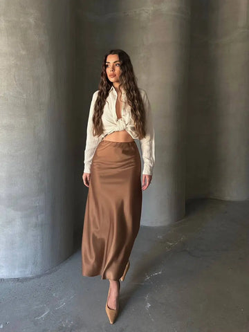 Brown Midi Length Satin Skirt