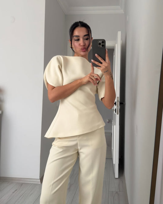 Beige Asymmetrical Waist-Fitted Set