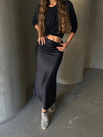 Navy Midi Length Satin Skirt