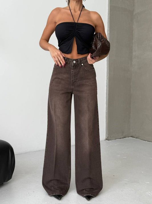 Wide Fit Denim Brown Trousers