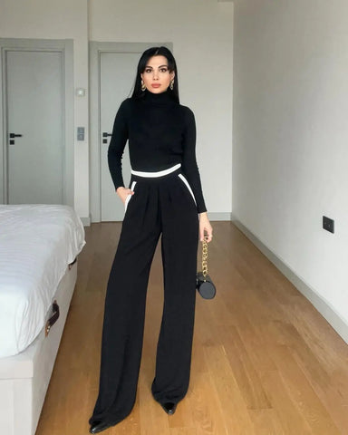 Black Pleated Front Stripe Detailed Trousers