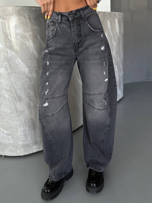 HerTon Grey Wide Leg Ripped Denim Pants