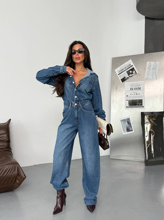 Paraf style Baby Blue Long Sleeve Denim Jumpsuit