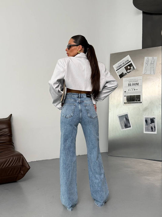 SPECIAL DESIGN CROSS CLOSURE WAIST WIDE LEG PALAZZO COMFORT LYCRA DENIM JEANS ARVERNA