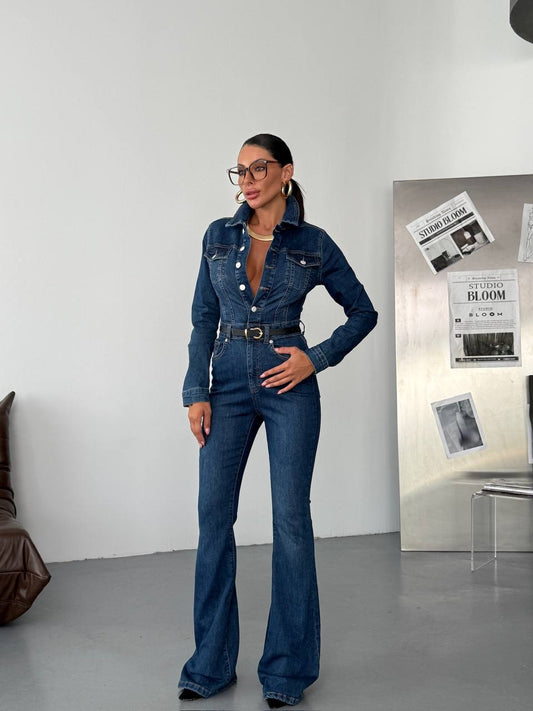 Paraf style Blue Womens Long Sleeve Denim Jumpsuit