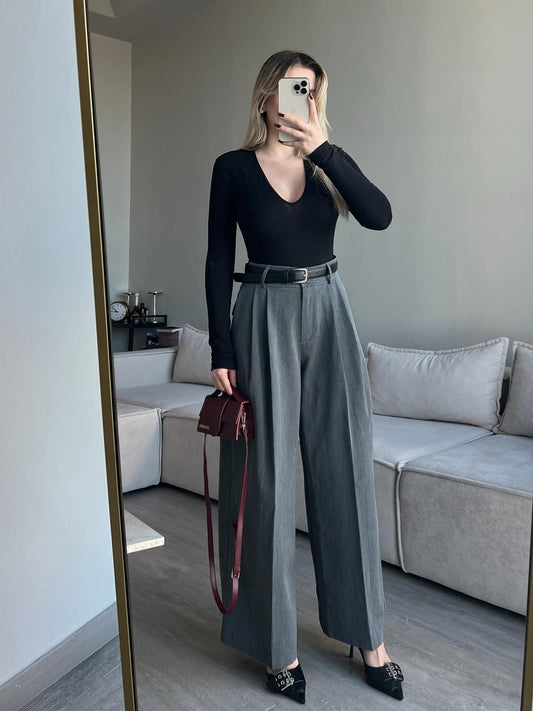 Gray Pleated Front Stripe Detailed Trousers