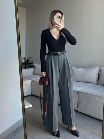 Gray Pleated Front Stripe Detailed Trousers