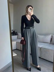 Gray Pleated Front Stripe Detailed Trousers