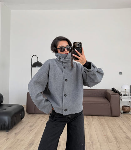 Grey Stand Collar Herringbone Lined Cashmere Jacket