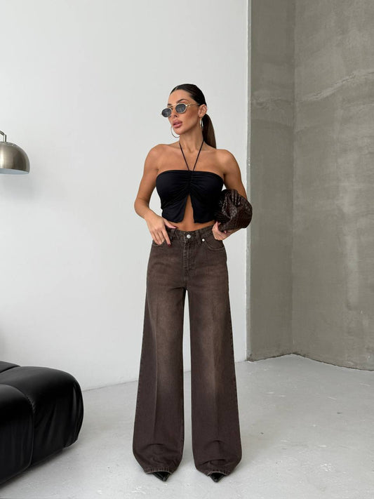 Wide Fit Denim Brown Trousers