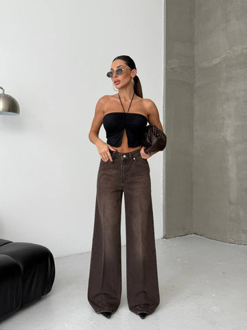 Wide Fit Denim Brown Trousers