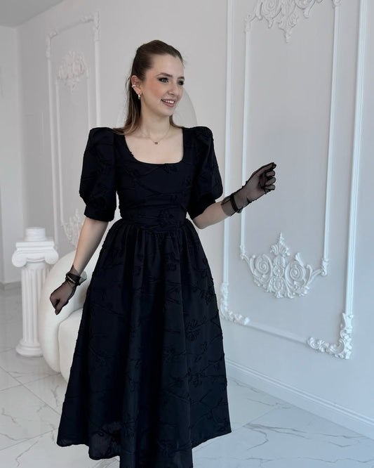 Black Balloon Sleeve Embroidered Dress