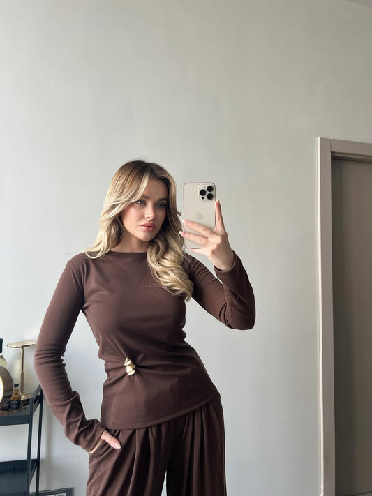 Elegant Brown Long-Sleeve Set