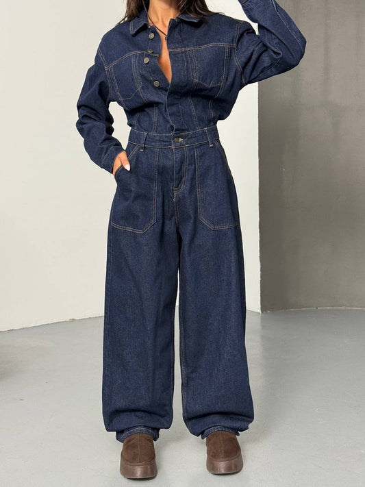 Paraf style Navy blue Long Sleeve Denim Jumpsuit