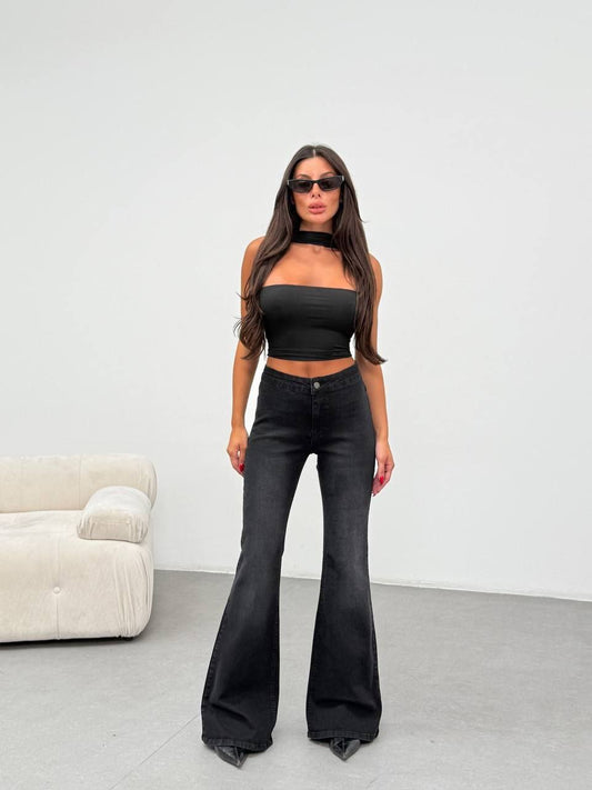 High Waist New Wide Leg Elastic Slim Stitching Denim Flared Jeans