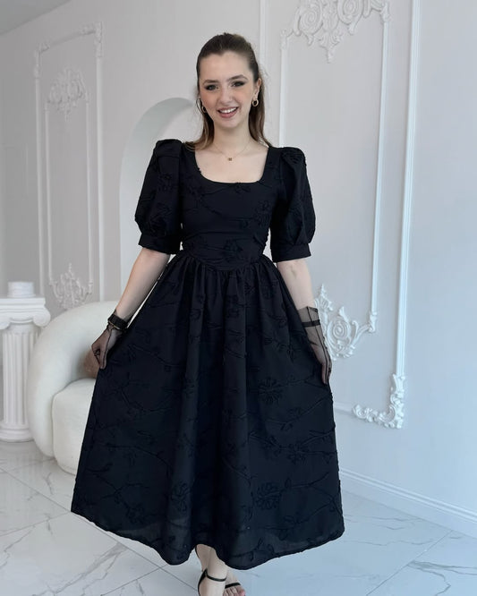 Black Balloon Sleeve Embroidered Dress