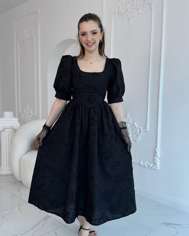 Black Balloon Sleeve Embroidered Dress