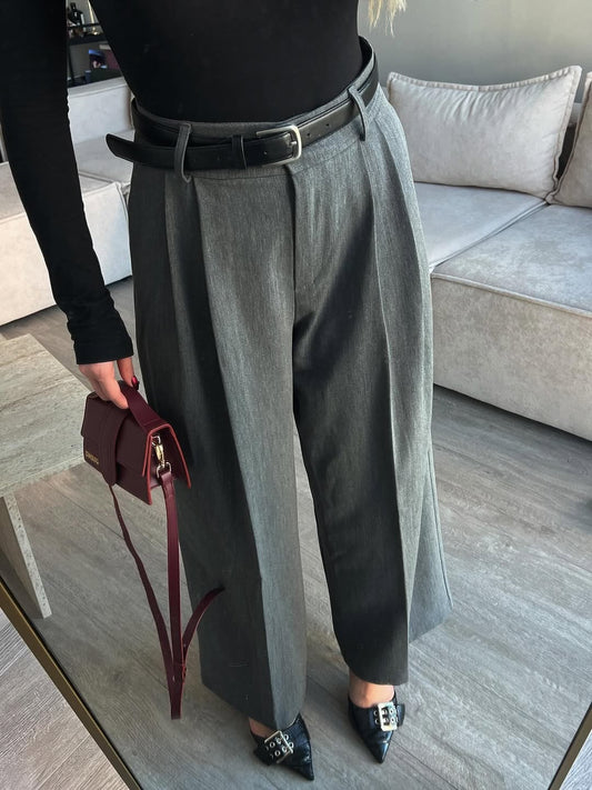 Gray Pleated Front Stripe Detailed Trousers