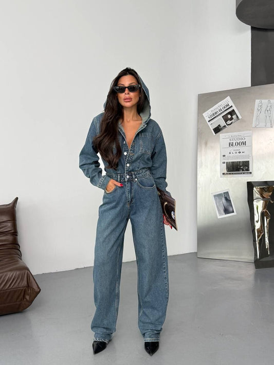 Paraf style Baby Blue Long Sleeve Denim Jumpsuit