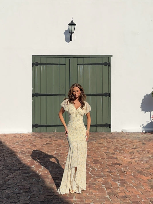 Casual Dresses Yellow Floral V Neck Mermaid Maxi Dress