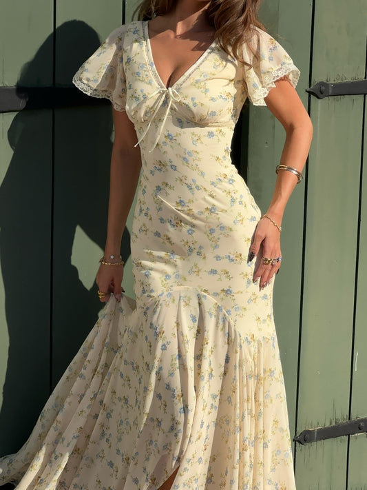 Casual Dresses Yellow Floral V Neck Mermaid Maxi Dress