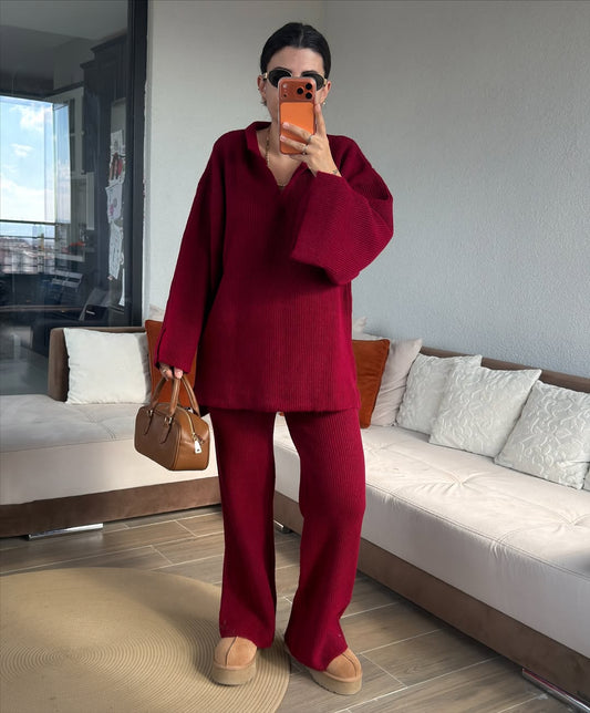 Premium V-Neck Ribbed Burgundy Suit