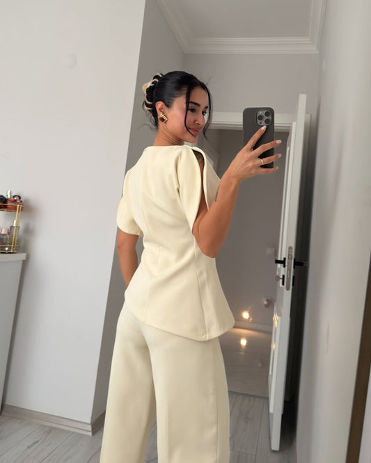 Beige Asymmetrical Waist-Fitted Set